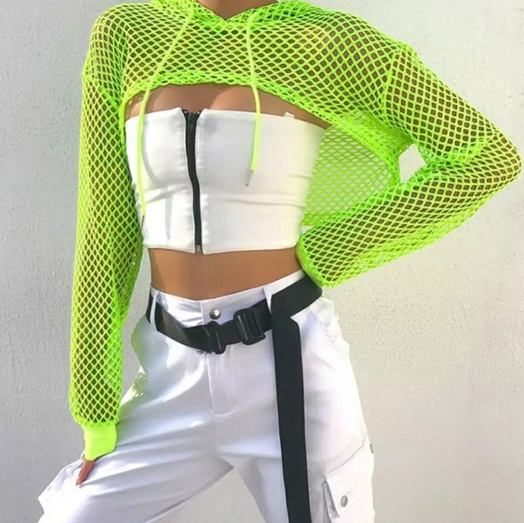 Fishnet Crop Top Shrug Cyber Hoodie Goth Neon Top - Picture 5 of 9